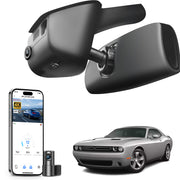 Mangoal 2 channel dash cam with STARVIS sensor, features smartphone app control, front 4K UHD and rear Full HD recording, GPS tracking, and Dodge Challenger models in the background.