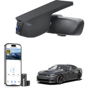 Mangoal 2 channel dash cam with STARVIS sensor, features smartphone app control, front 4K UHD and rear Full HD recording, GPS tracking, and Dodge Charger models in the background.