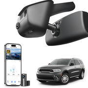 Mangoal 2 channel dash cam with STARVIS sensor, features smartphone app control, front 4K UHD and rear Full HD recording, GPS tracking, and Dodge Durango models in the background.