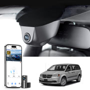 
Mangoal 2 channel dash cam with STARVIS sensor, features smartphone app control, front 4K UHD and rear Full HD recording, GPS tracking, and Dodge Grand Caravan models in the background.