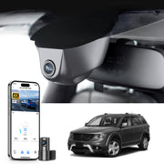 Mangoal 2 channel dash cam with STARVIS sensor, features smartphone app control, front 4K UHD and rear Full HD recording, GPS tracking, and Dodge Journey models in the background.