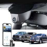 Mangoal 2 channel dash cam with STARVIS sensor, features smartphone app control, front 4K UHD and rear Full HD recording, GPS tracking, and Dodge RAM in the background.
