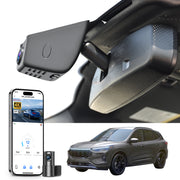 Mangoal 2 channel dash cam with STARVIS sensor, features smartphone app control, front 4K UHD and rear Full HD recording, GPS tracking, and Ford Escape models in the background.