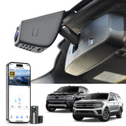 Mangoal 2 channel dash cam with STARVIS sensor, features smartphone app control, front 4K UHD and rear Full HD recording, GPS tracking, and Ford Expedition models in the background.
