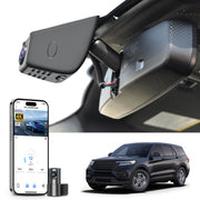 Mangoal 2 channel dash cam with STARVIS sensor, features smartphone app control, front 4K UHD and rear Full HD recording, GPS tracking, and Ford Explorer models in the background