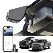 Mangoal 2 channel dash cam with STARVIS sensor, features smartphone app control, front 4K UHD and rear Full HD recording, GPS tracking, and Ford F Series models in the background.