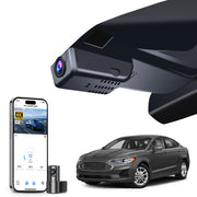 Mangoal 2 channel dash cam with STARVIS sensor, features smartphone app control, front 4K UHD and rear Full HD recording, GPS tracking, and Ford Fusion models in the background.