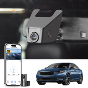 Mangoal 2 channel dash cam with STARVIS sensor, features smartphone app control, front 4K UHD and rear Full HD recording, GPS tracking, and Ford Taurus models in the background.