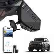 Mangoal 2 channel dash cam with STARVIS sensor, features smartphone app control, front 4K UHD and rear Full HD recording, GPS tracking, and Ford Bronco models in the background.