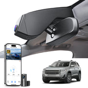 Mangoal 2 channel dash cam with STARVIS sensor, features smartphone app control, front 4K UHD and rear Full HD recording, GPS tracking, and GMC Acadia models in the background.