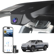Mangoal 2 channel dash cam with STARVIS sensor, features smartphone app control, front 4K UHD and rear Full HD recording, GPS tracking, and GMC Sierra EV models in the background.