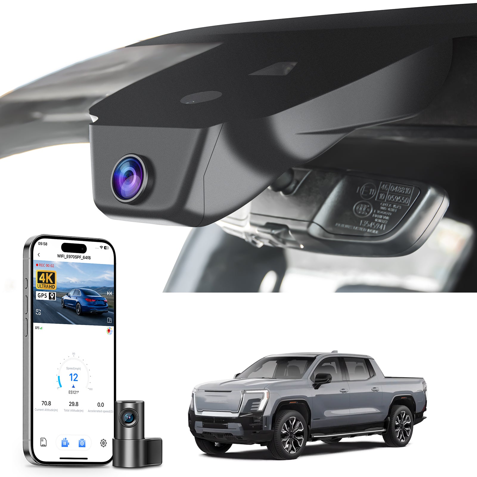Mangoal 2 channel dash cam with STARVIS sensor, features smartphone app control, front 4K UHD and rear Full HD recording, GPS tracking, and GMC Sierra EV models in the background.