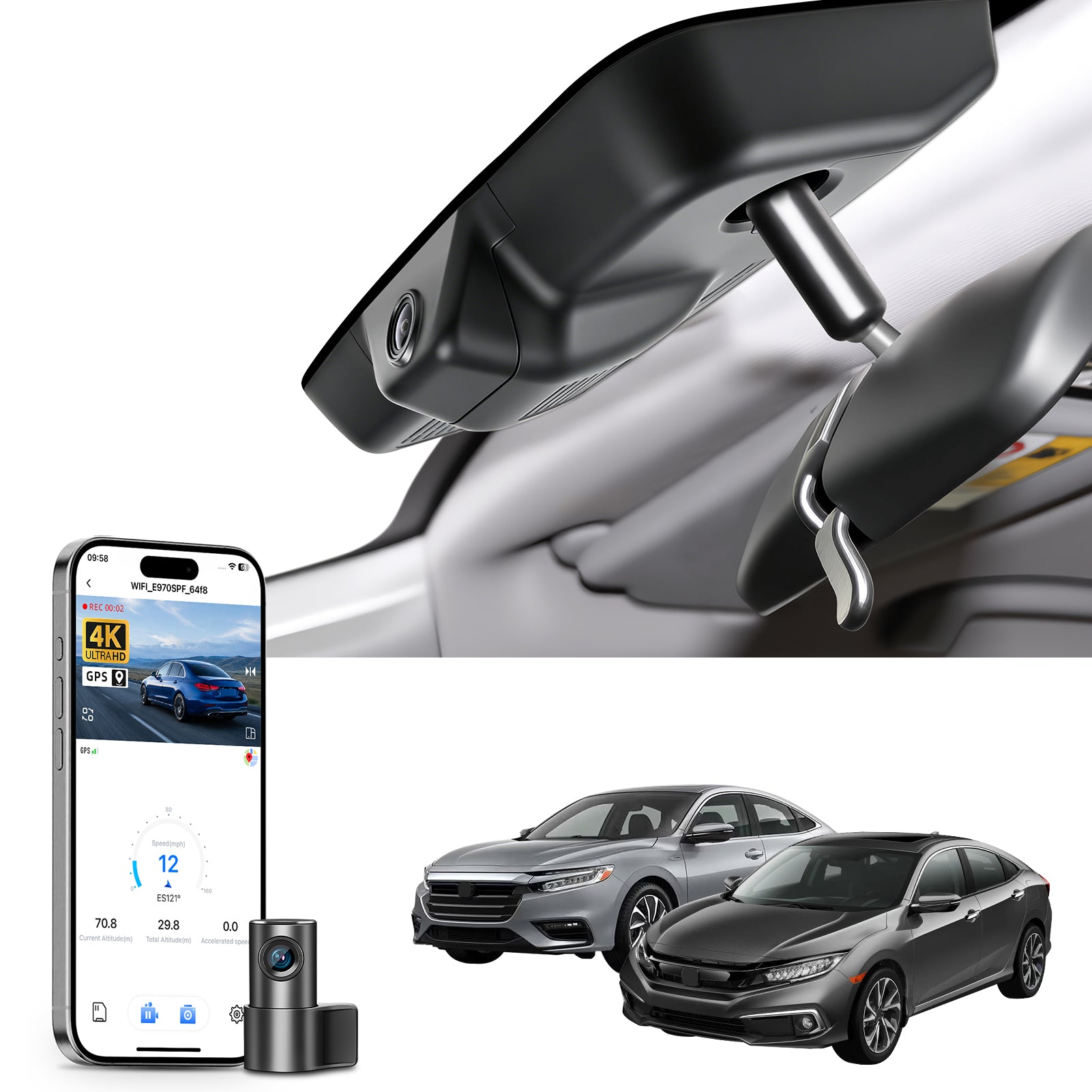 Mangoal 2 channel dash cam with STARVIS sensor, features smartphone app control, front 4K UHD and rear Full HD recording, GPS tracking and Gen10 Civic models in the background.
