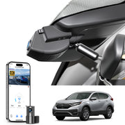 Mangoal 2 channel dash cam with STARVIS sensor, features smartphone app control, front 4K UHD and rear Full HD recording, GPS tracking, and Honda CR-V models in the background.