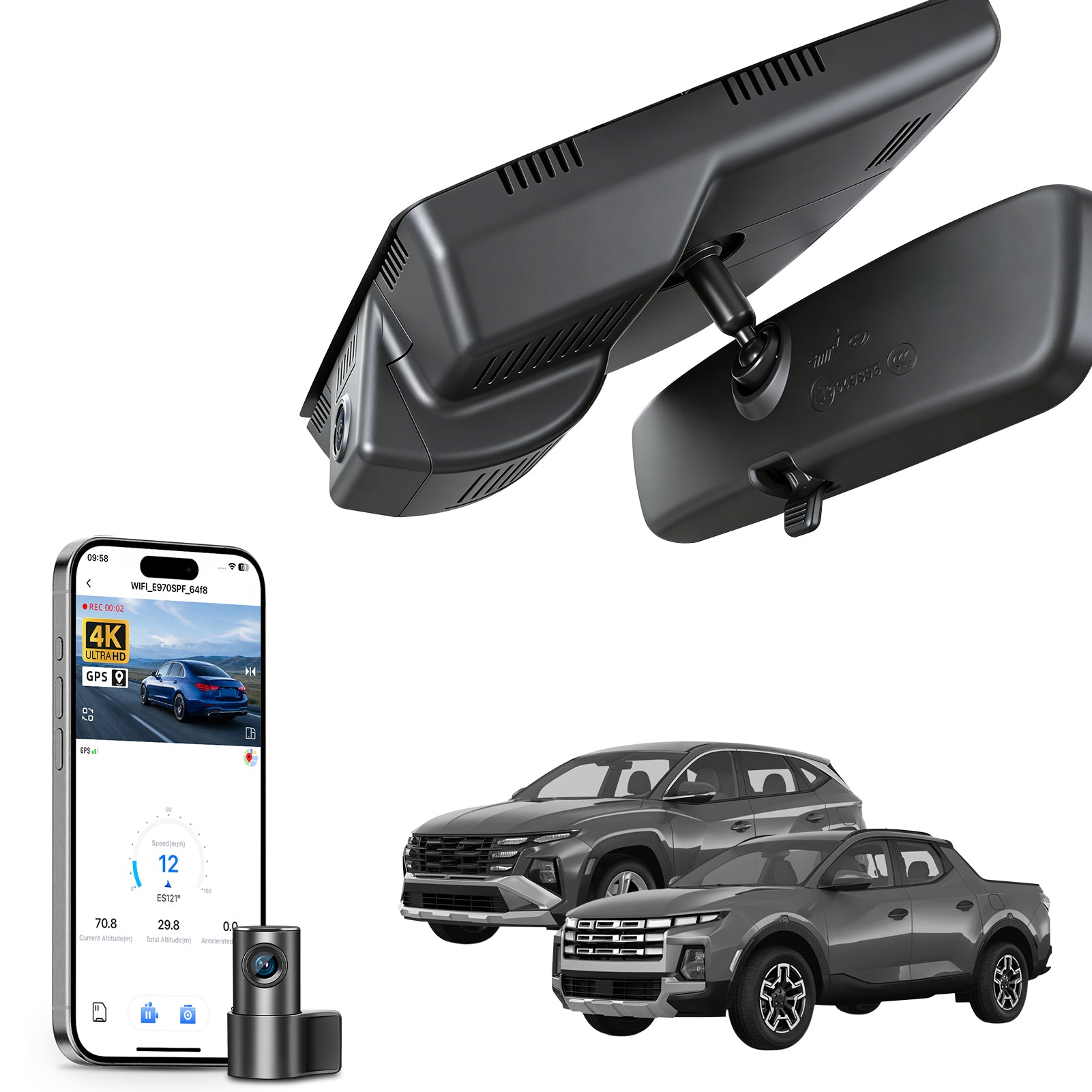 Mangoal 2 channel dash cam with STARVIS sensor, features smartphone app control, front 4K UHD and rear Full HD recording, GPS tracking and Hyundai Tucson & Santa models in the background. 