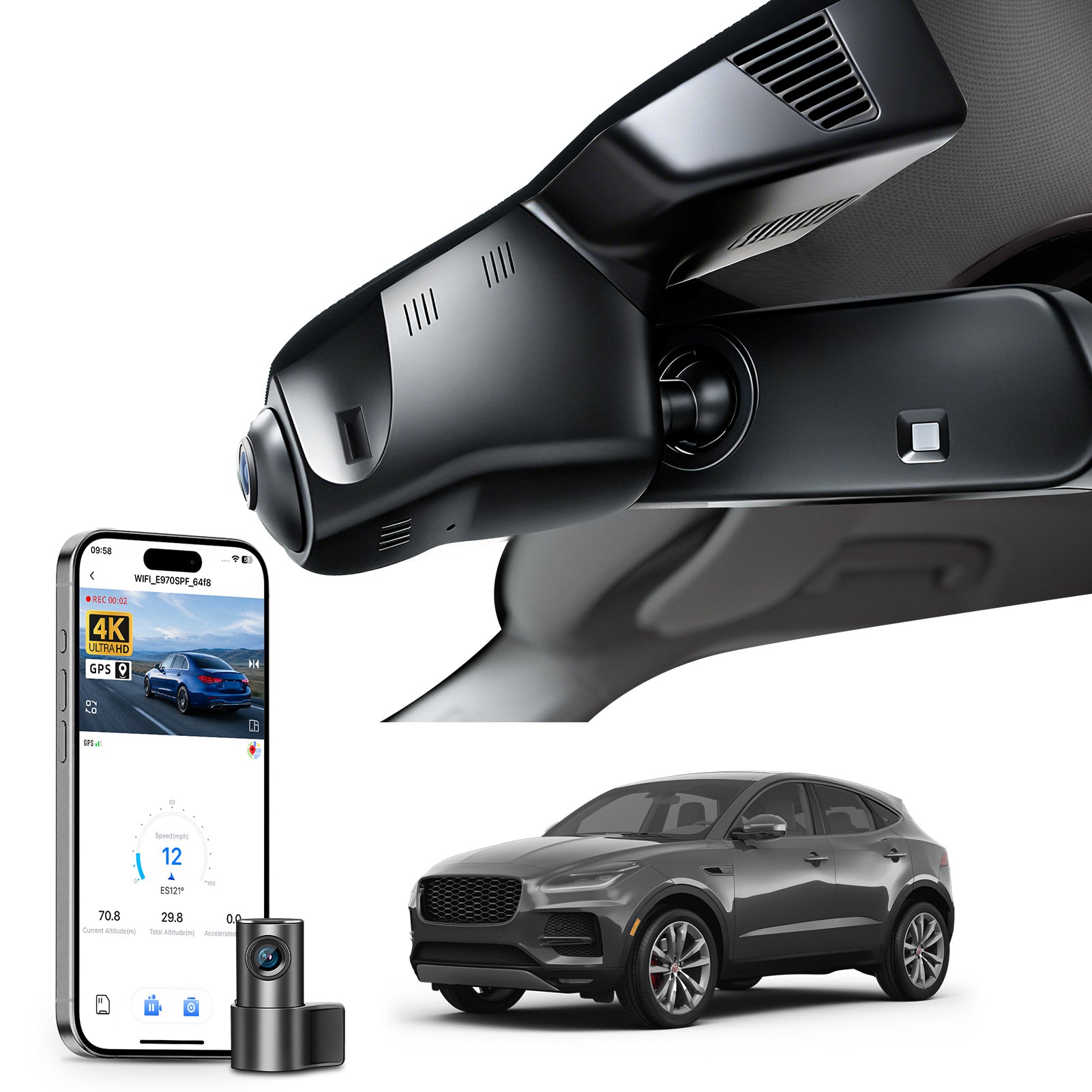 Mangoal 2 channel dash cam with STARVIS sensor, features smartphone app control, front 4K UHD and rear Full HD recording, GPS tracking andJaguar E-Pace models in the background. 