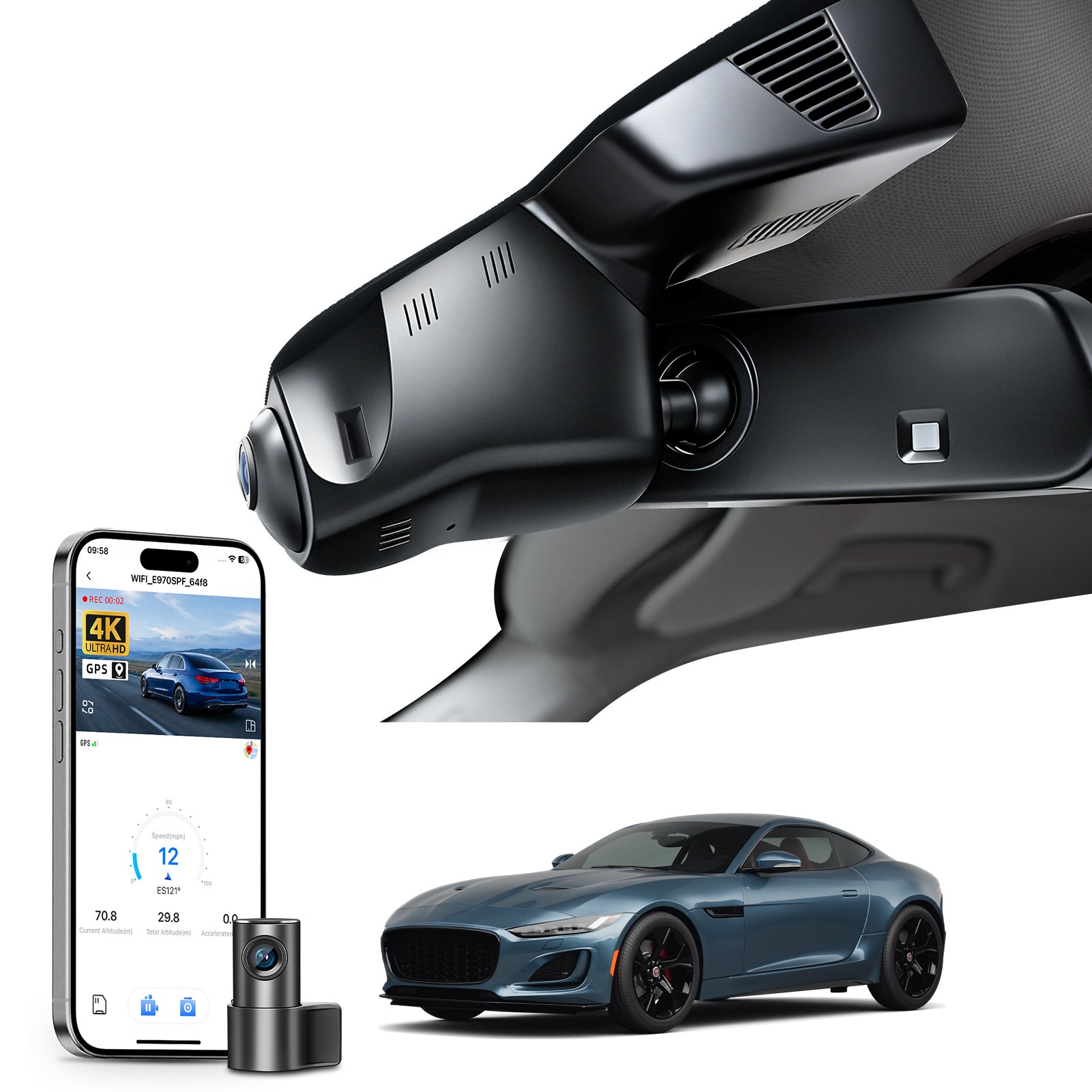 Mangoal 2 channel dash cam with STARVIS sensor, features smartphone app control, front 4K UHD and rear Full HD recording, GPS tracking and Jaguar F-Type models in the background.