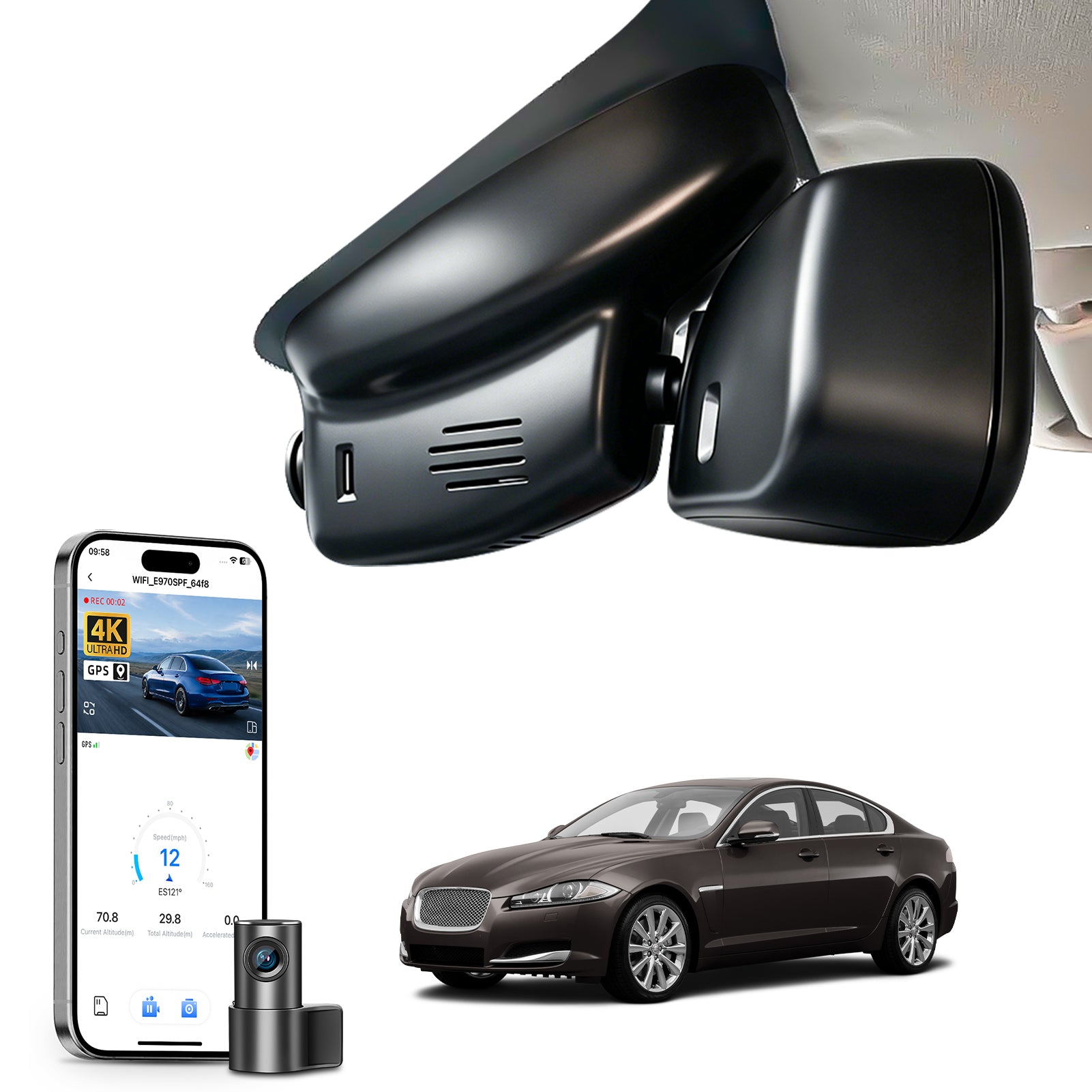 Mangoal 2 channel dash cam with STARVIS sensor, features smartphone app control, front 4K UHD and rear Full HD recording, GPS tracking andJaguar XF models in the background.