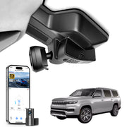 Mangoal 2 channel dash cam with STARVIS sensor, features smartphone app control, front 4K UHD and rear Full HD recording, GPS tracking, and Jeep Grand Wagoneer models in the background.