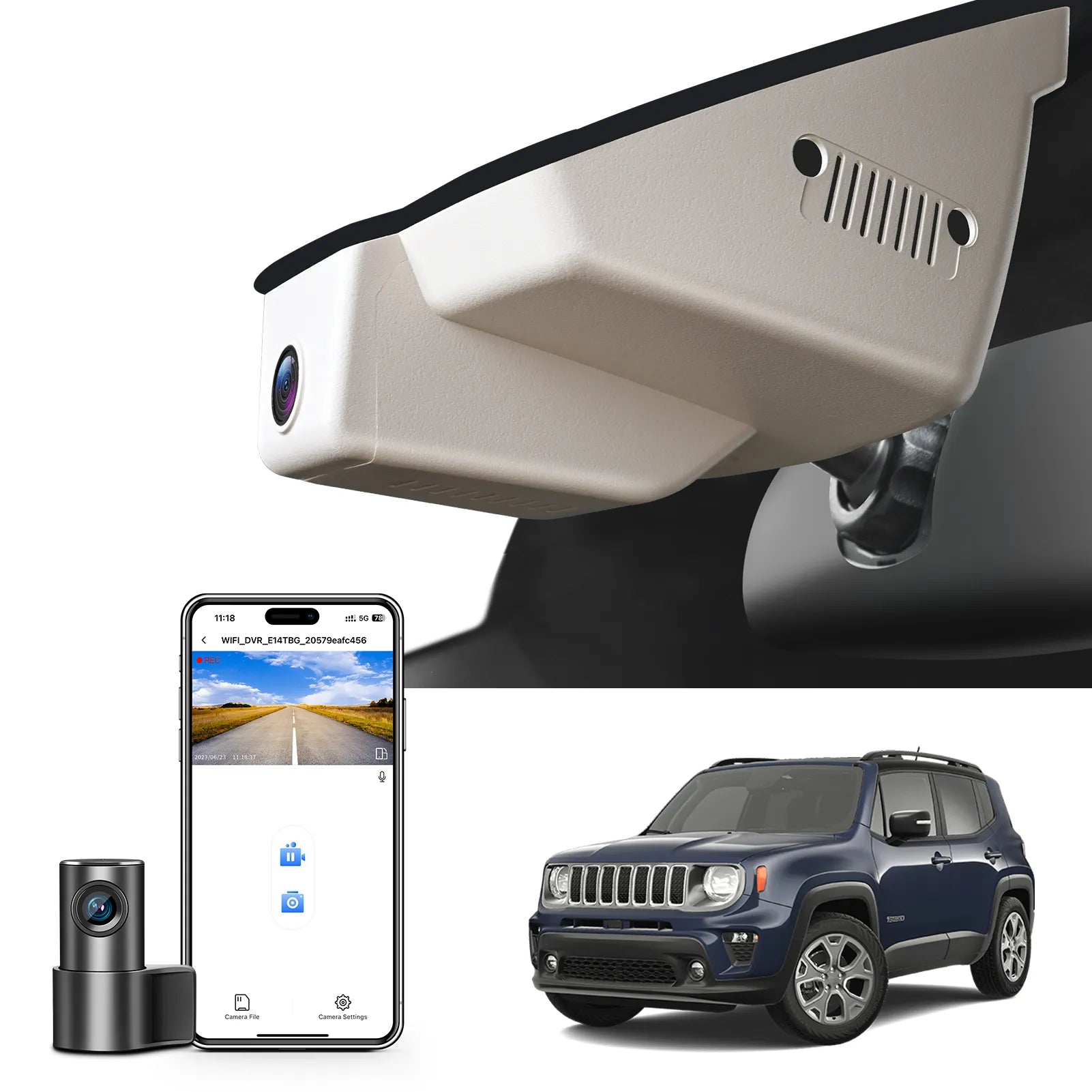 Mangoal 2 channel dash cam with STARVIS sensor, features smartphone app control, front 4K UHD and rear Full HD recording, GPS tracking and Jeep Renegade models in the background.