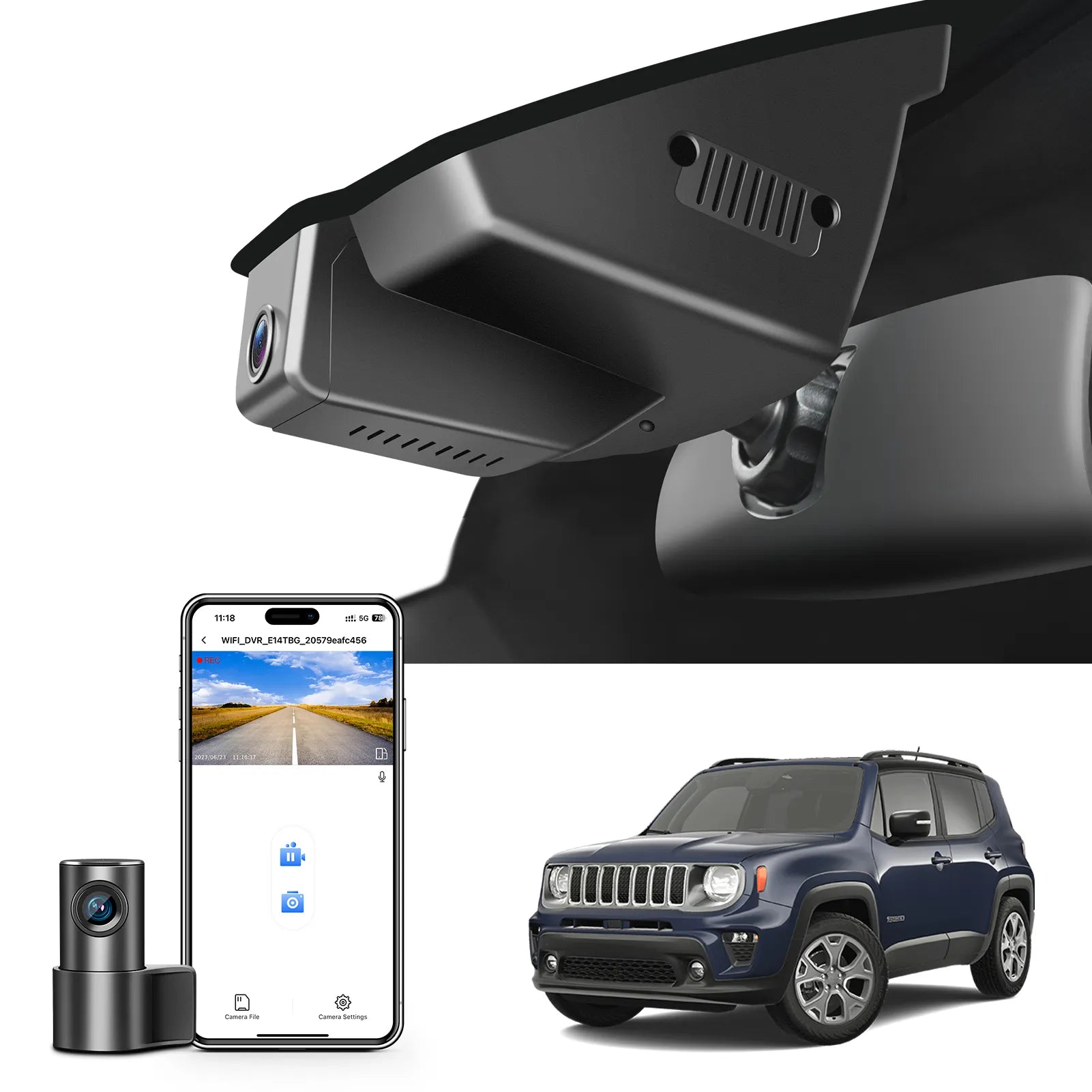 Mangoal 2 channel dash cam with STARVIS sensor, features smartphone app control, front 4K UHD and rear Full HD recording, GPS tracking and Jeep Renegade models in the background.