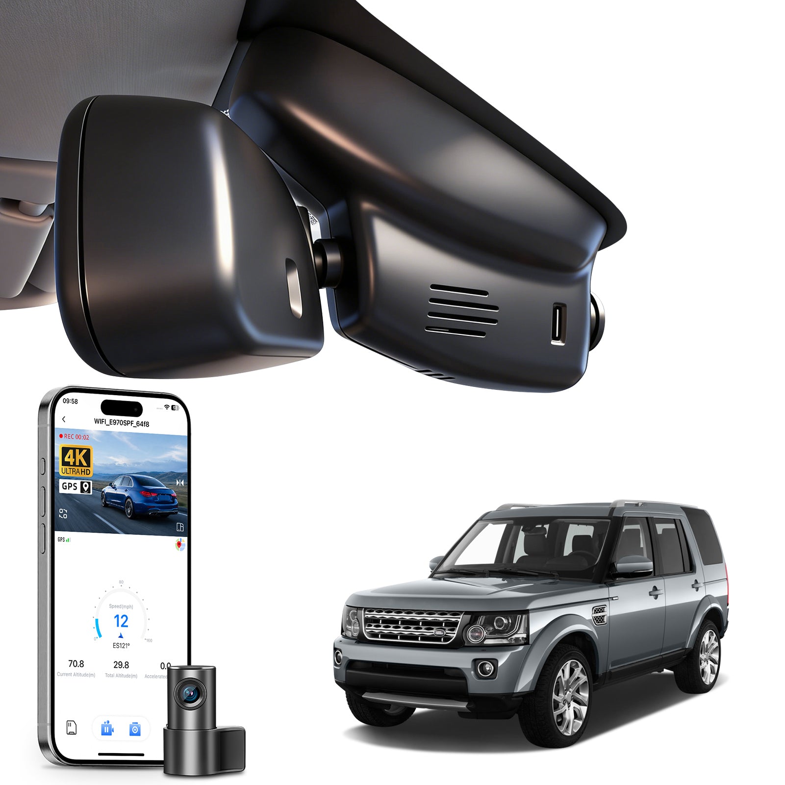 Mangoal 2 channel dash cam with STARVIS sensor, features smartphone app control, front 4K UHD and rear Full HD recording, GPS tracking, and Land Rover Discovery 4 / LR4 models in the background. 