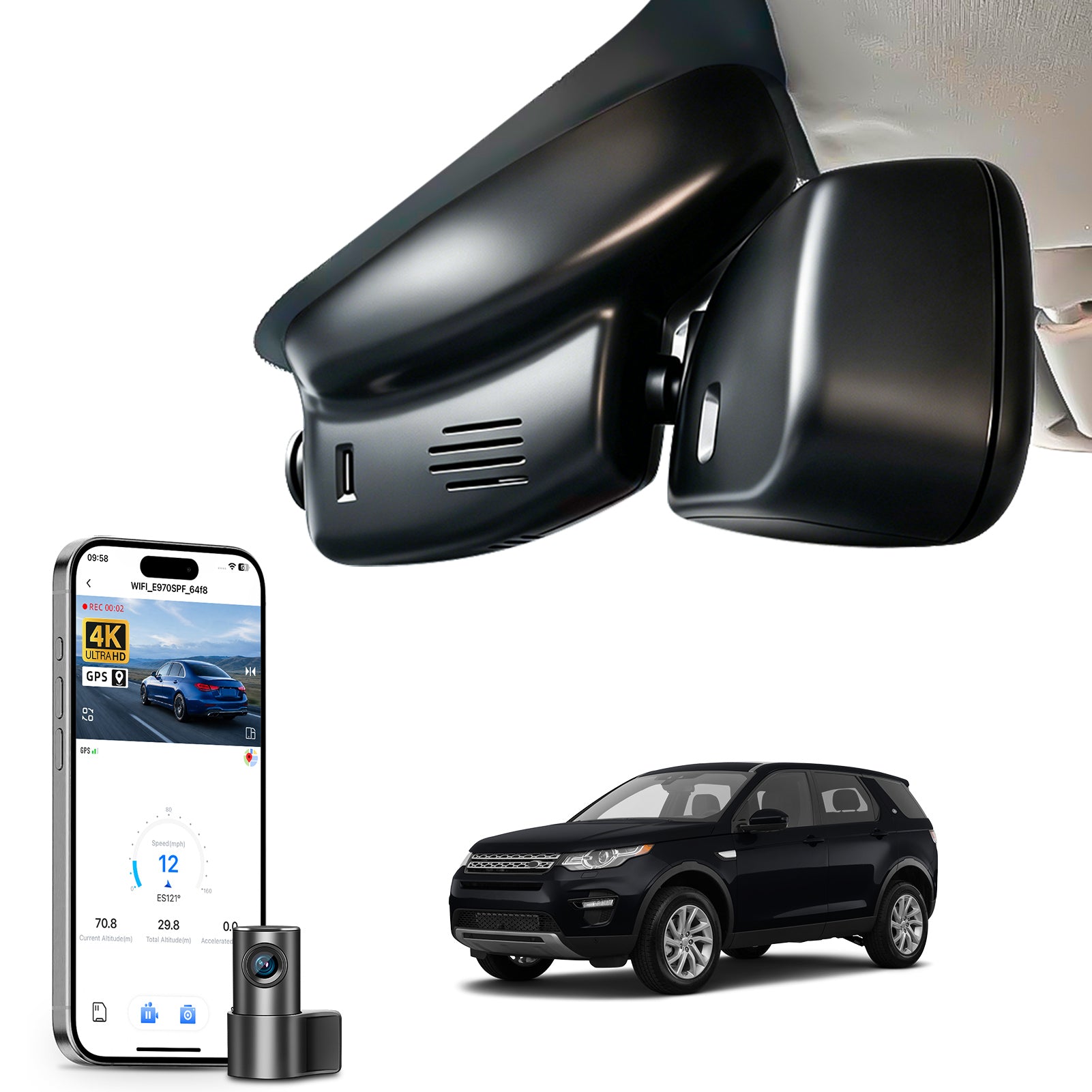 Mangoal 2 channel dash cam with STARVIS sensor, features smartphone app control, front 4K UHD and rear Full HD recording, GPS tracking, and Land Rover Discovery Sport models in the background. 