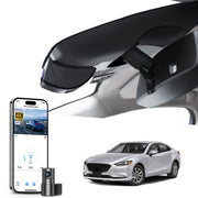 Mangoal 2 channel dash cam with STARVIS sensor, features smartphone app control, front 4K UHD and rear Full HD recording, GPS tracking, and Mazda 6 models in the background