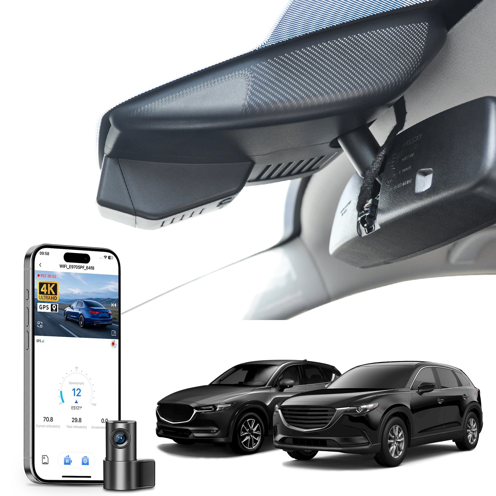 Mangoal 2 channel dash cam with STARVIS sensor, features smartphone app control, front 4K UHD and rear Full HD recording, GPS tracking, and Mazda CX-5 models in the background.