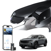 Mangoal 2 channel dash cam with STARVIS sensor, features smartphone app control, front 4K UHD and rear Full HD recording, GPS tracking, and Mazda CX-50 models in the background.