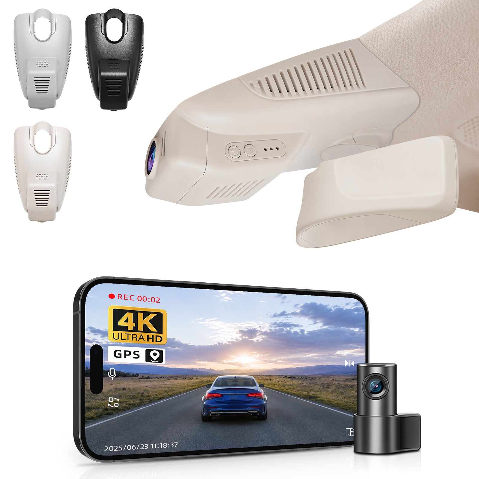 Mangoal 2 channel dash cam with STARVIS sensor, features smartphone app control, front 4K UHD and rear Full HD recording, GPS tracking, and Mercedes-Benz C-Class in the background.