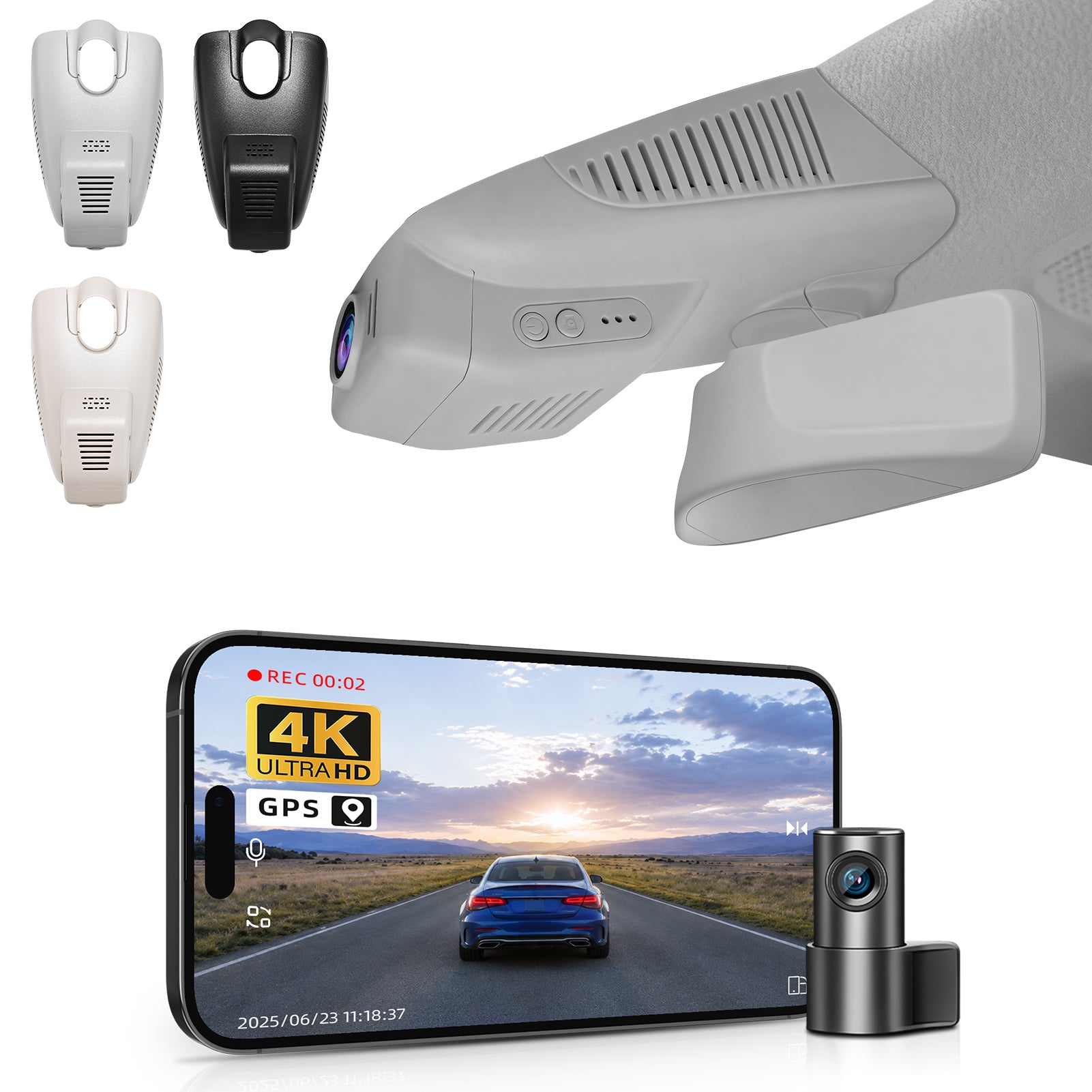 Mangoal 2 channel dash cam with STARVIS sensor, features smartphone app control, front 4K UHD and rear Full HD recording, GPS tracking, and Mercedes-Benz C-Class in the background.