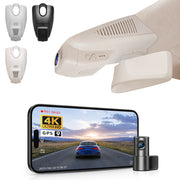 Mangoal 2 channel dash cam with STARVIS sensor, features smartphone app control, front 4K UHD and rear Full HD recording, GPS tracking, and Mercedes-Benz E-Class in the background.