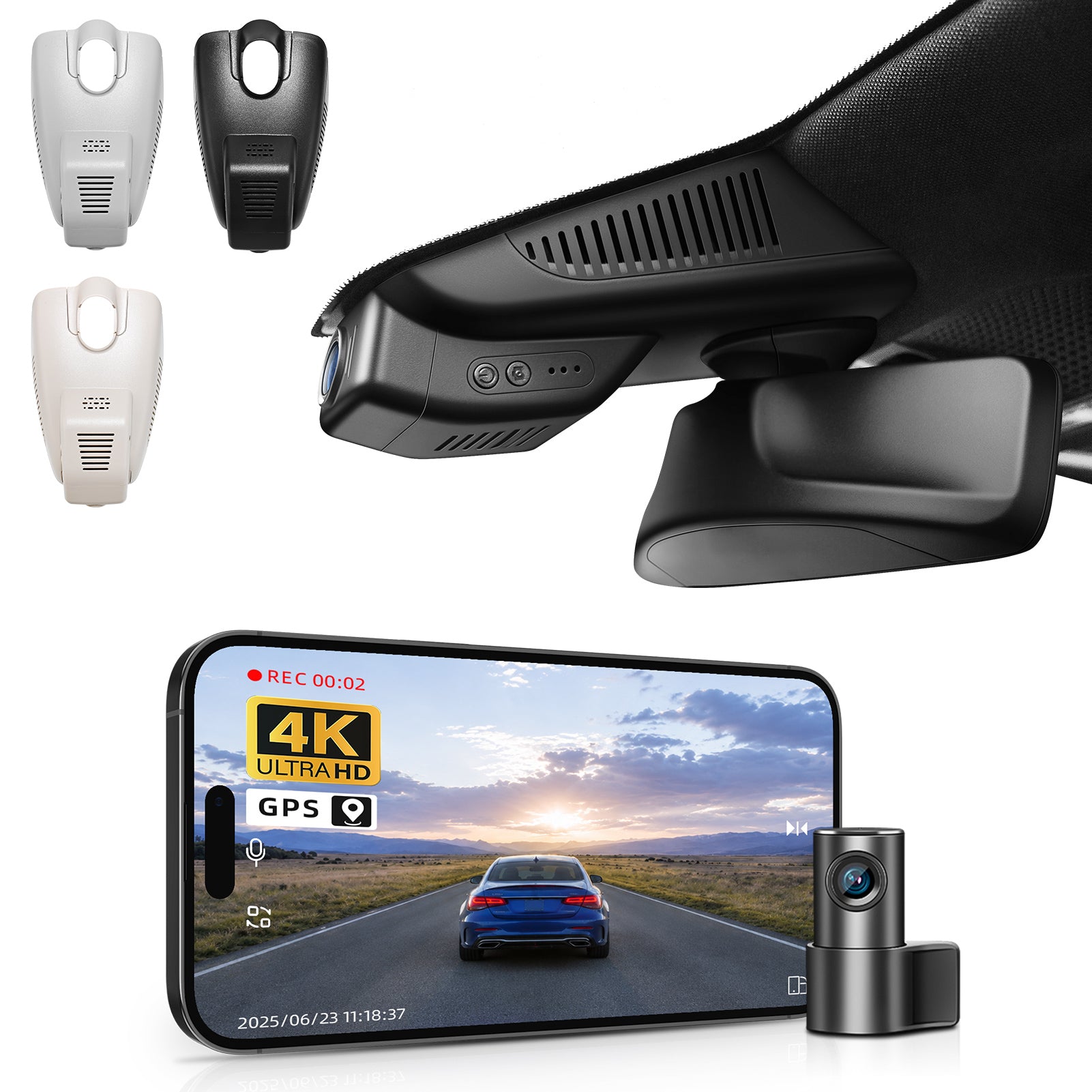 Mangoal 2 channel dash cam with STARVIS sensor, features smartphone app control, front 4K UHD and rear Full HD recording, GPS tracking, and Mercedes-Benz E-Class in the background.