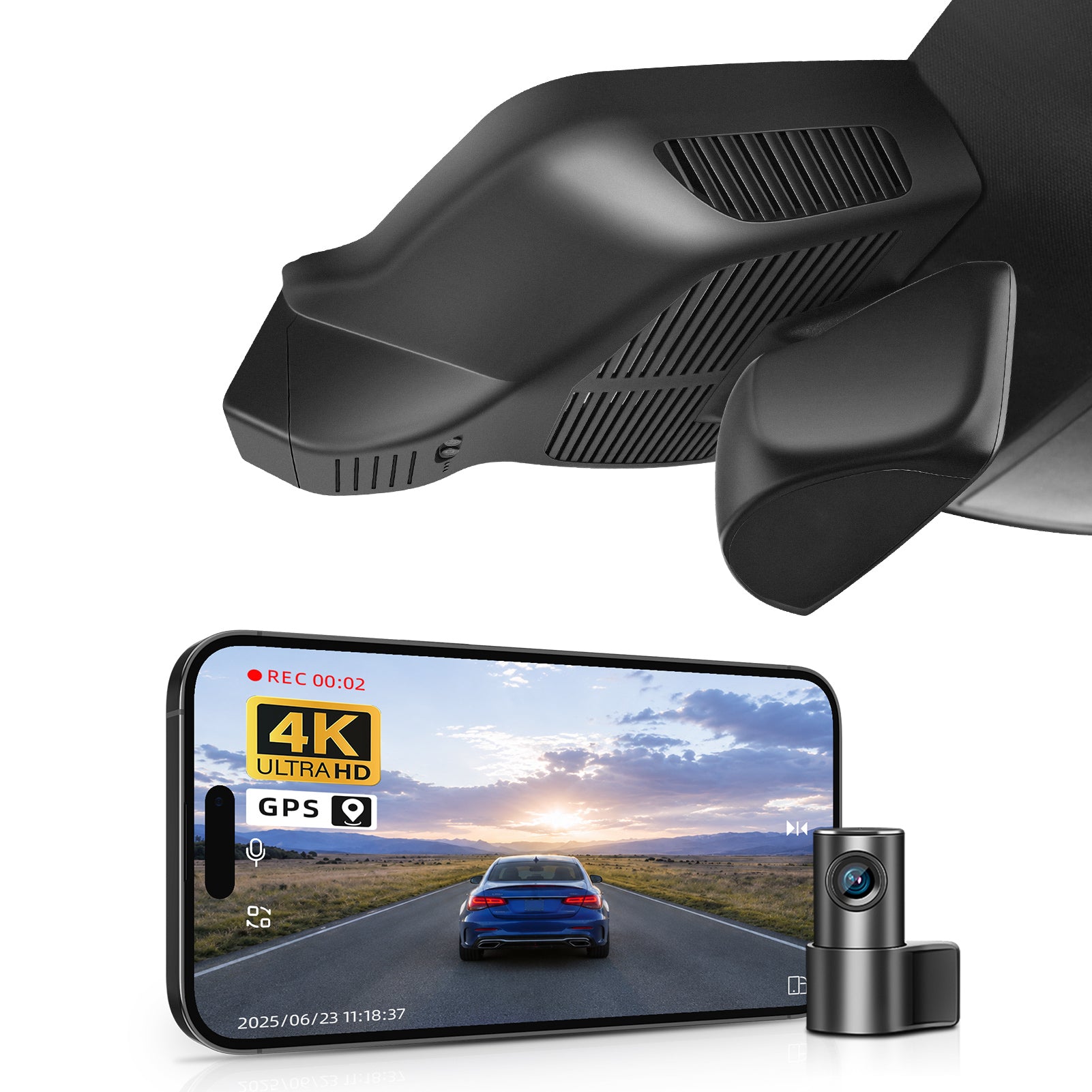 Mangoal 2 channel dash cam with STARVIS sensor, features smartphone app control, front 4K UHD and rear Full HD recording, GPS tracking, and Mercedes-Benz E-Class Gen6 in the background.
