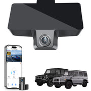 Mangoal 2 channel dash cam with STARVIS sensor, features smartphone app control, front 4K UHD and rear Full HD recording, GPS tracking, and Mercedes-Benz G-Class in the background.