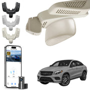 Mangoal 2 channel dash cam with STARVIS sensor, features smartphone app control, front 4K UHD and rear Full HD recording, GPS tracking, and Mercedes-Benz GLE in the background.
