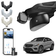 Mangoal 2 channel dash cam with STARVIS sensor, features smartphone app control, front 4K UHD and rear Full HD recording, GPS tracking, and Mercedes-Benz GLE in the background.