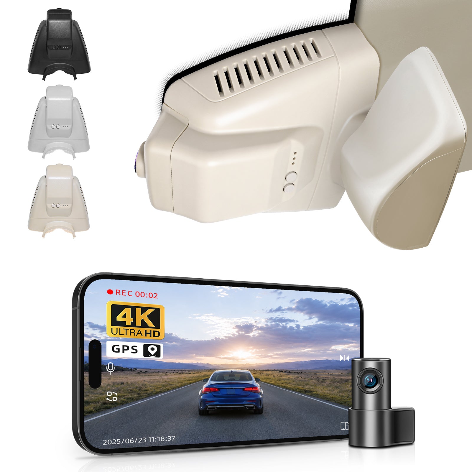 Mangoal 2 channel dash cam with STARVIS sensor, features smartphone app control, front 4K UHD and rear Full HD recording, GPS tracking, and Mercedes-Benz GLK in the background.
