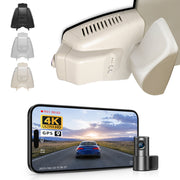 Mangoal 2 channel dash cam with STARVIS sensor, features smartphone app control, front 4K UHD and rear Full HD recording, GPS tracking, and Mercedes-Benz GLK in the background.