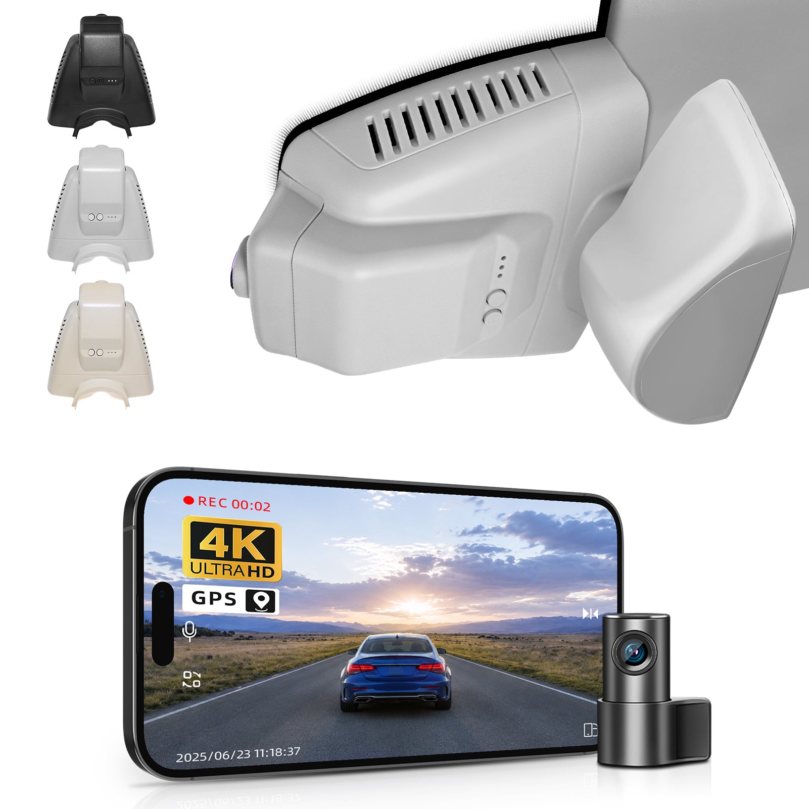 Mangoal 2 channel dash cam with STARVIS sensor, features smartphone app control, front 4K UHD and rear Full HD recording, GPS tracking, and Mercedes-Benz GLK in the background.