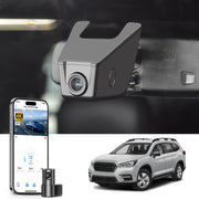Mangoal 2 channel dash cam with STARVIS sensor, features smartphone app control, front 4K UHD and rear Full HD recording, GPS tracking, and Subaru Ascent in the background.