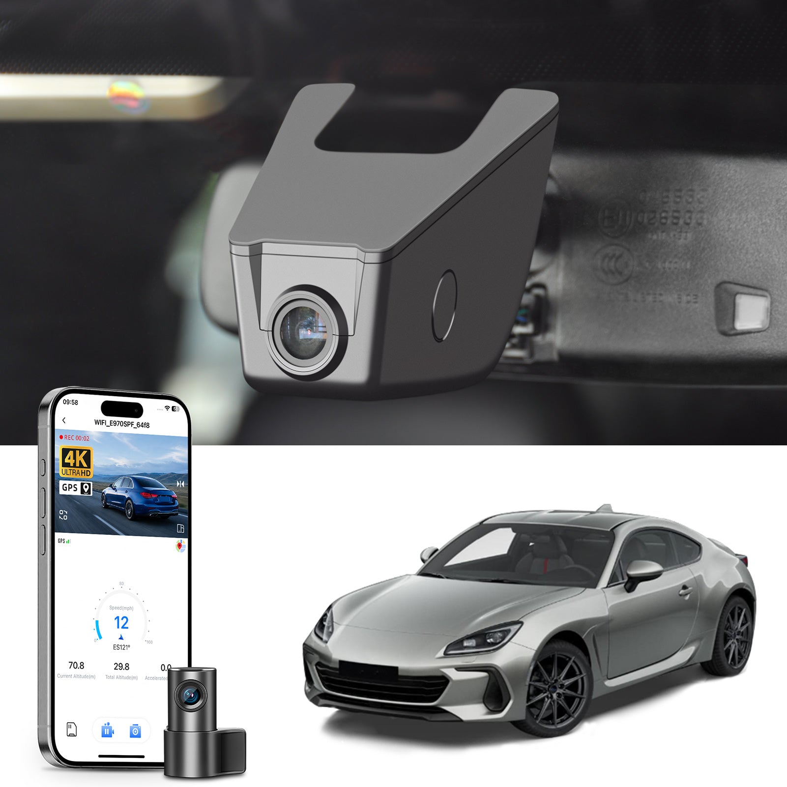 Mangoal 2 channel dash cam with STARVIS sensor, features smartphone app control, front 4K UHD and rear Full HD recording, GPS tracking, and Subaru BRZ in the background.