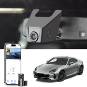 Mangoal 2 channel dash cam with STARVIS sensor, features smartphone app control, front 4K UHD and rear Full HD recording, GPS tracking, and Subaru BRZ in the background.