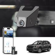 Mangoal 2 channel dash cam with STARVIS sensor, features smartphone app control, front 4K UHD and rear Full HD recording, GPS tracking, and Subaru Forester in the background.