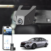 Mangoal 2 channel dash cam with STARVIS sensor, features smartphone app control, front 4K UHD and rear Full HD recording, GPS tracking, and Subaru Legacy in the background.