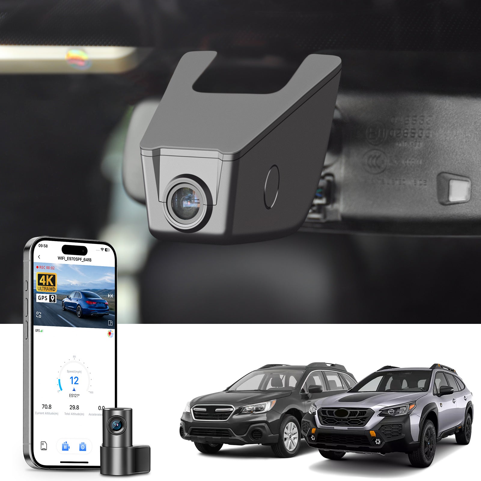 Mangoal 2 channel dash cam with STARVIS sensor, features smartphone app control, front 4K UHD and rear Full HD recording, GPS tracking, and Subaru Outback in the background.