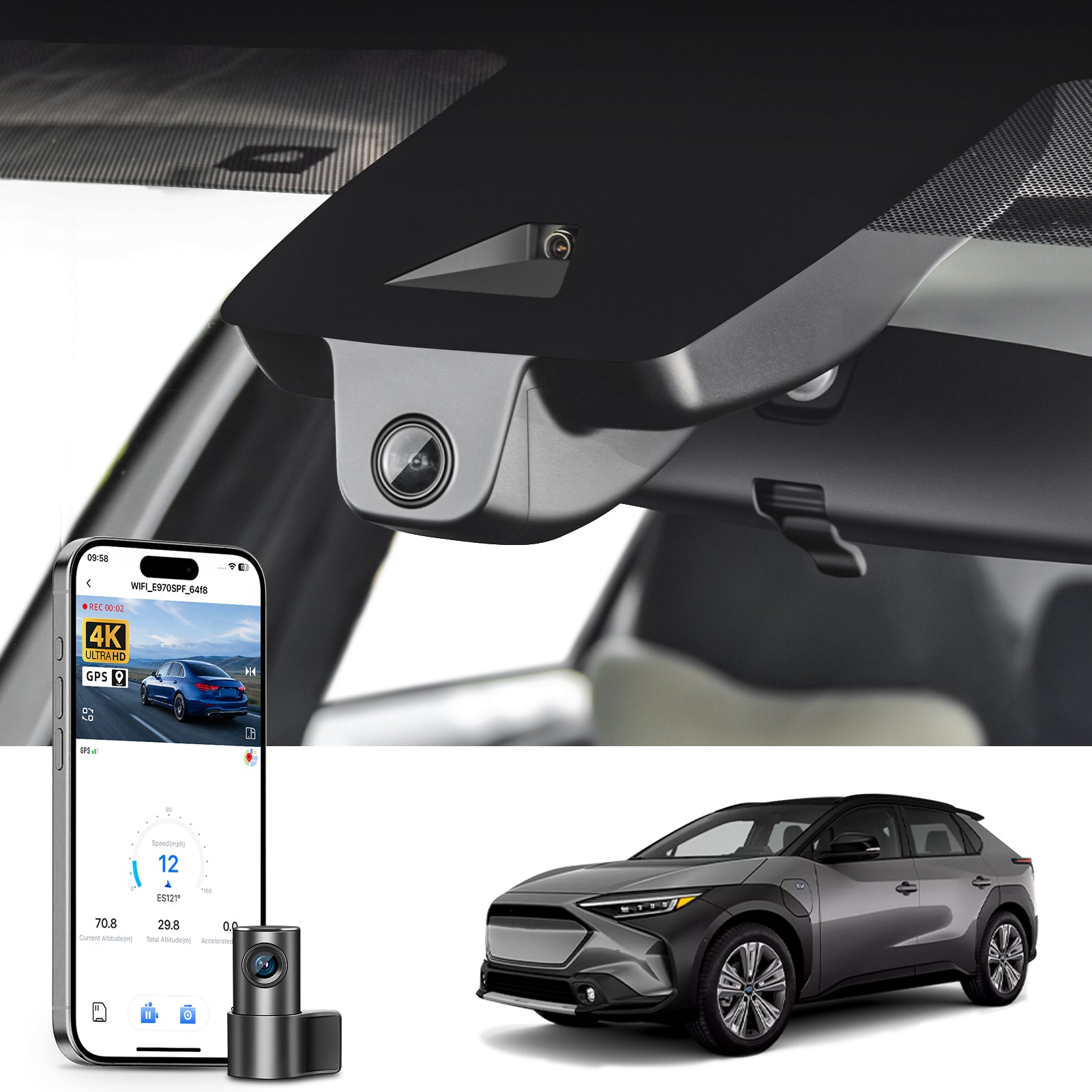 Mangoal 2 channel dash cam with STARVIS sensor, features smartphone app control, front 4K UHD and rear Full HD recording, GPS tracking, and Subaru Solterra in the background.