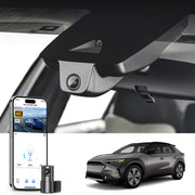 Mangoal 2 channel dash cam with STARVIS sensor, features smartphone app control, front 4K UHD and rear Full HD recording, GPS tracking, and Subaru Solterra in the background.