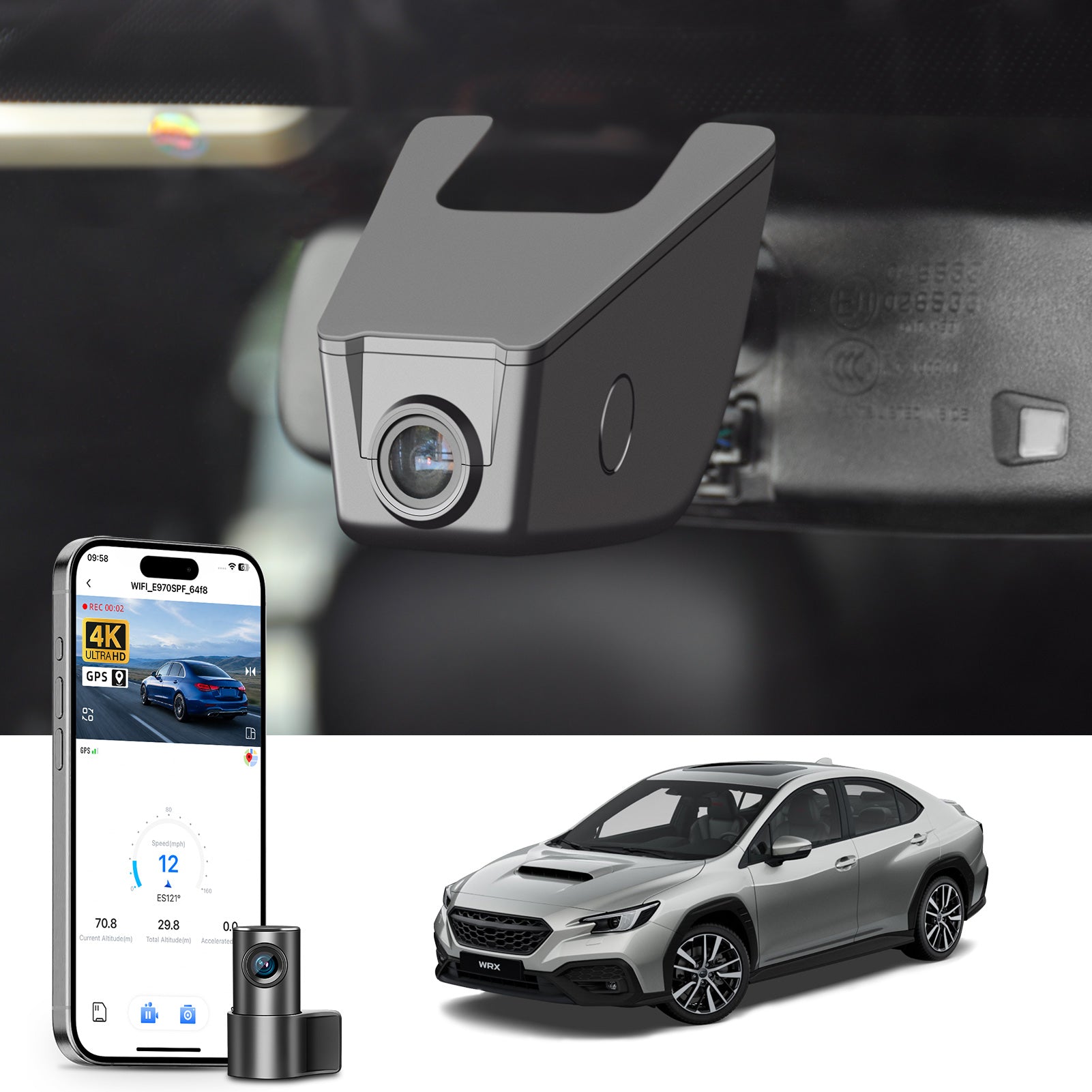 Mangoal 2 channel dash cam with STARVIS sensor, features smartphone app control, front 4K UHD and rear Full HD recording, GPS tracking, and Subaru WRX in the background.